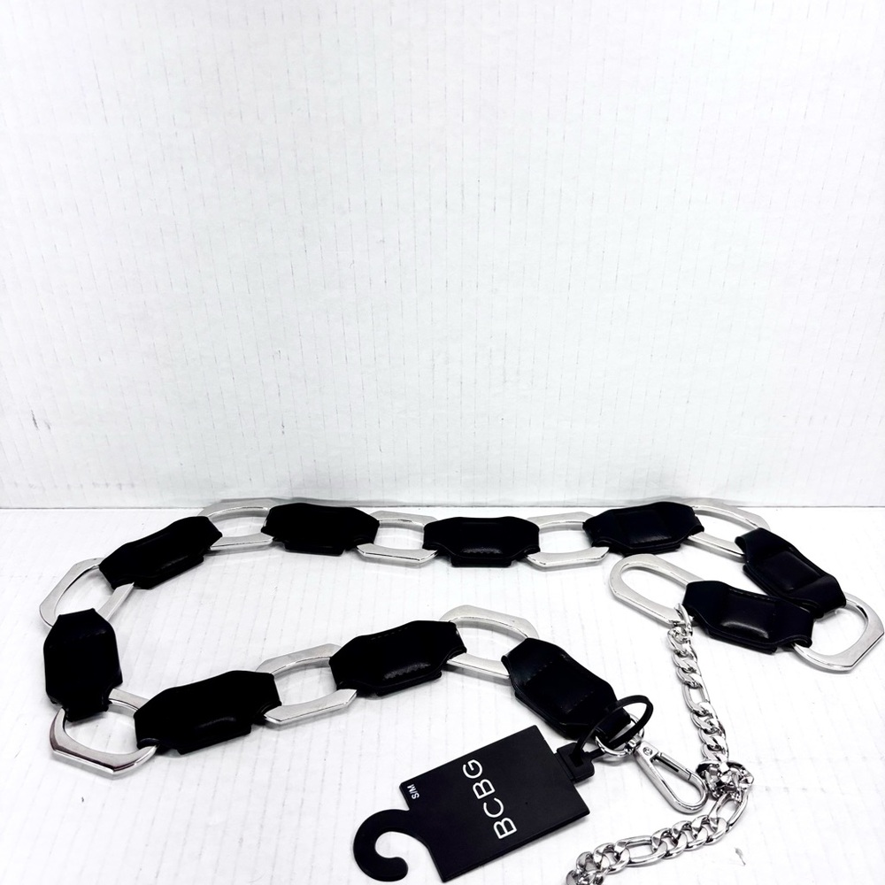 BCBG Max Azria Black Faux Leather & Metal Chain Link Waist Belt In Size S/M